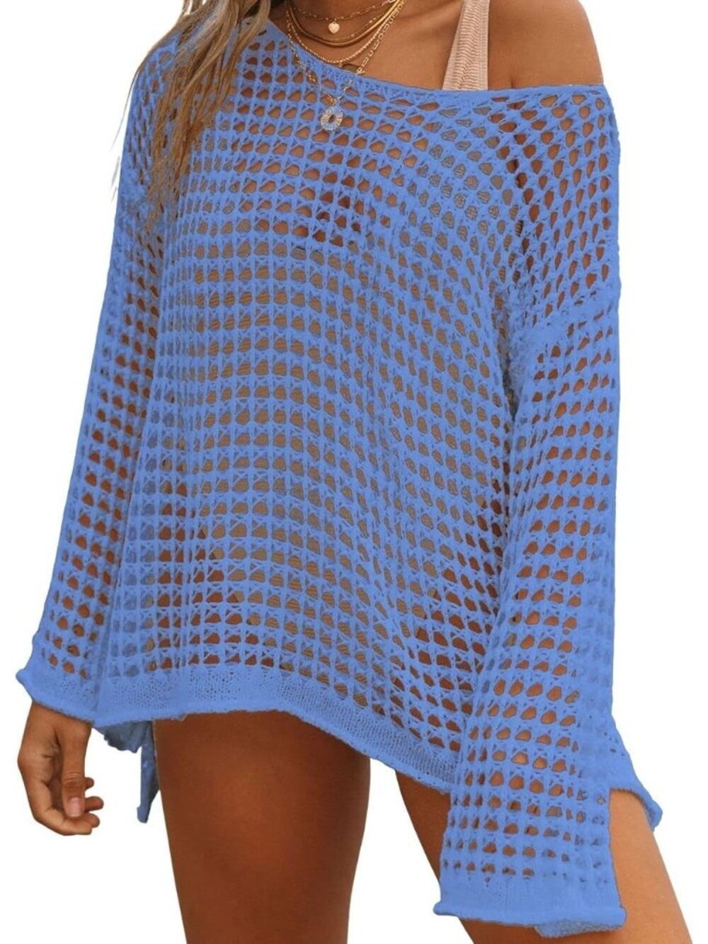 Women's Blue Hollow Out Knit Crochet Imported Polyester Swim Cover Up
